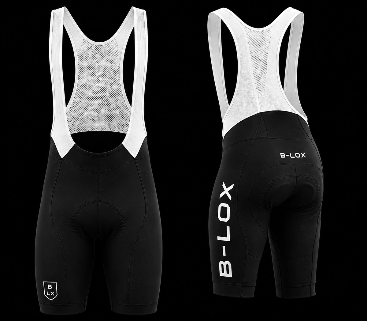 B-LOX bib shorts — black with white straps and B-LOX leg branding