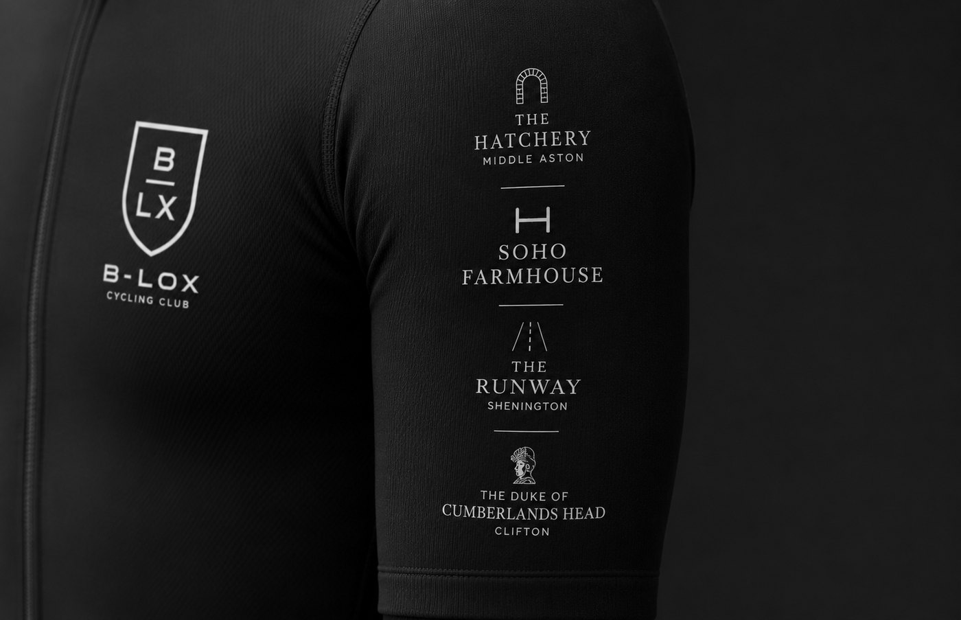 Black B-LOX jersey sleeve printed with the Selects — The Hatchery, Soho Farmhouse, The Runway, The Duke of Cumberlands Head